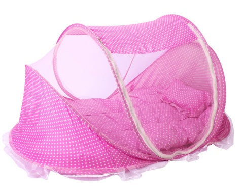 Foldable baby bed net set with pillow, pink dot-pattern mesh canopy and cushion