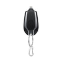 Mini keychain power bank pod with charging port, blue light indicator, metal carabiner, dark black