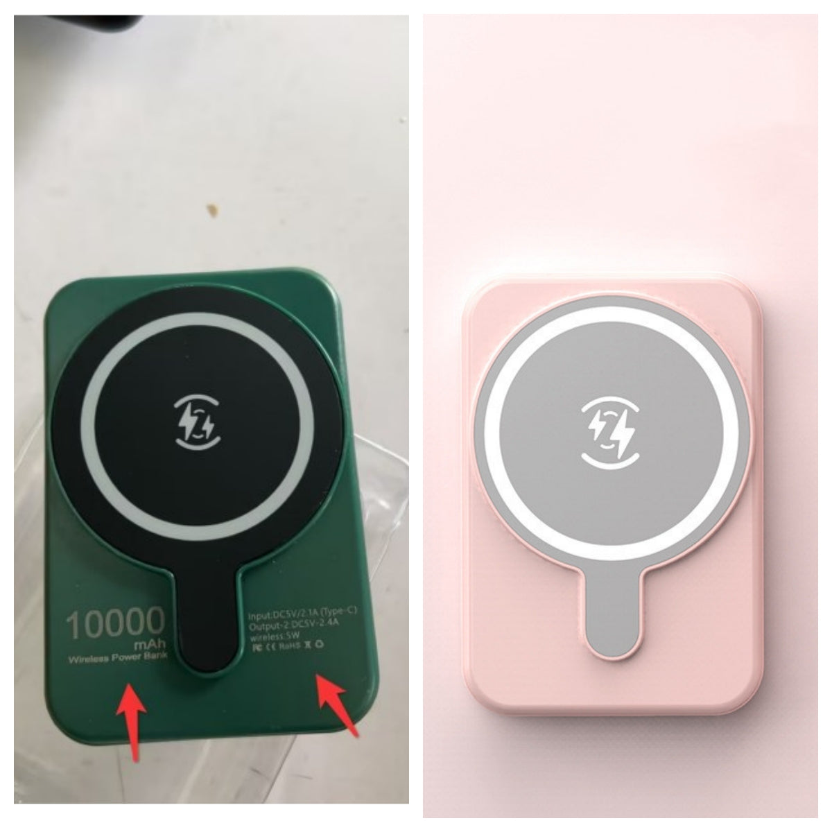 Mini magnetic wireless power bank, green and pink, with Qi charging symbol.