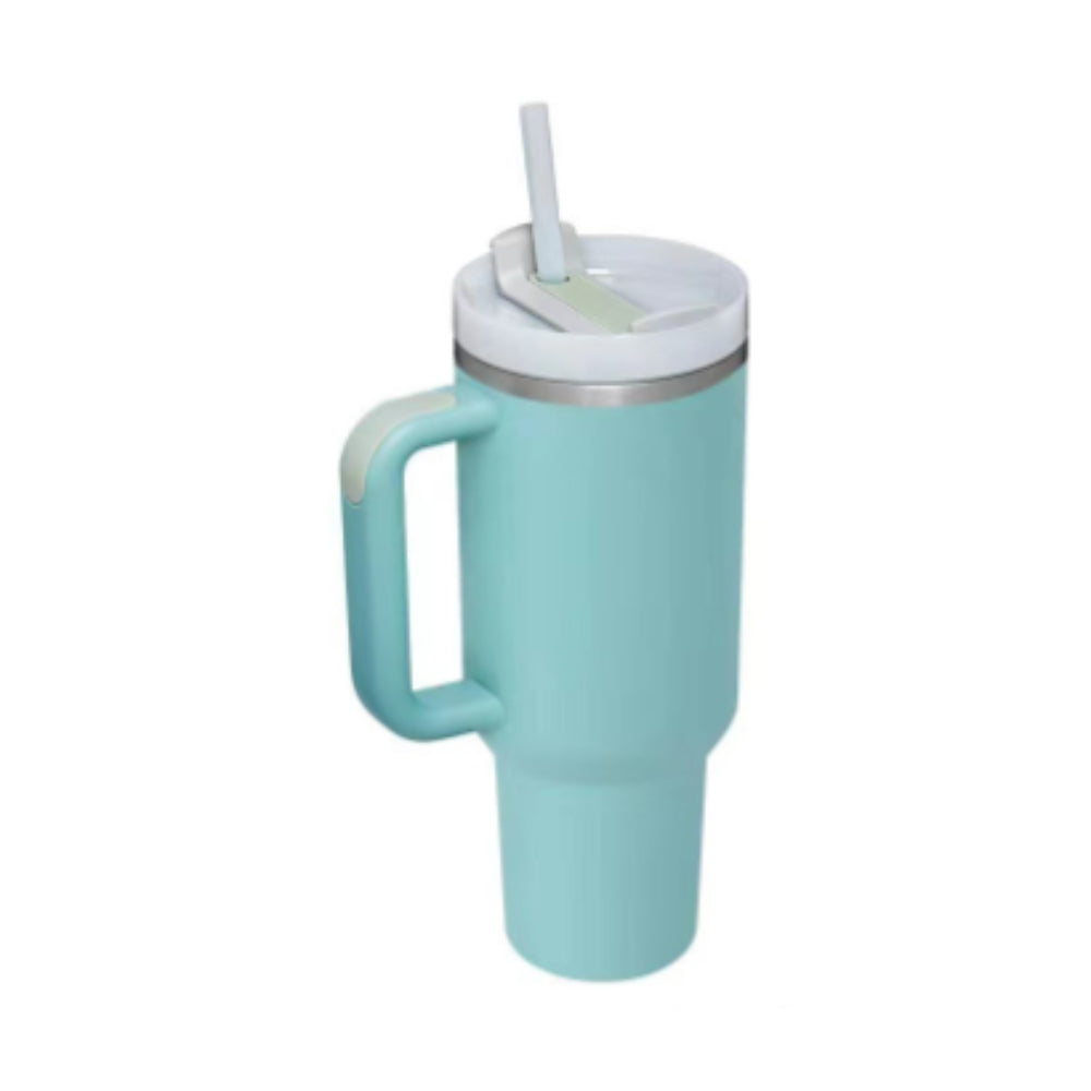 Insulated tumbler with handle, light teal finish, stainless lid and clear straw