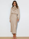 Beige long-sleeved satin midi dress with gathered high neckline