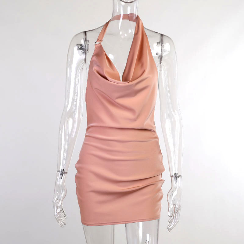 Satin party dress, sleeveless mini on mannequin, halter V-neck backless, pink