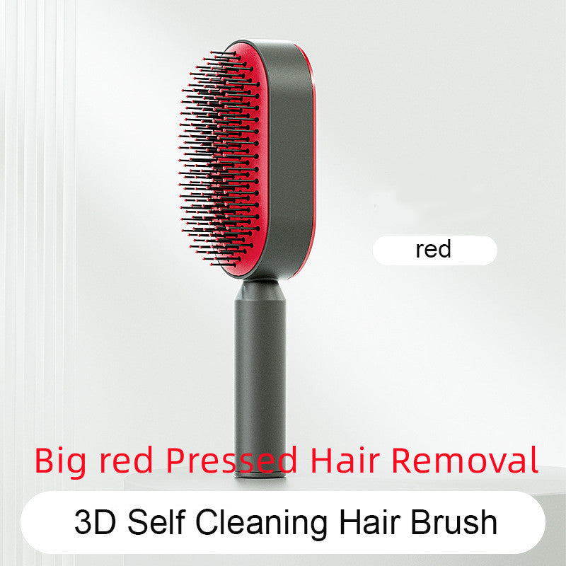Self-cleaning hair brush with red oval head and dense black bristles