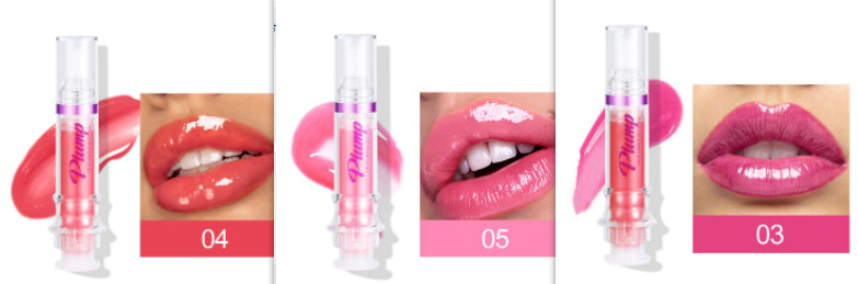 Liquid lip gloss in clear tube with pink label; lip swatches show shades 04, 05, 03.