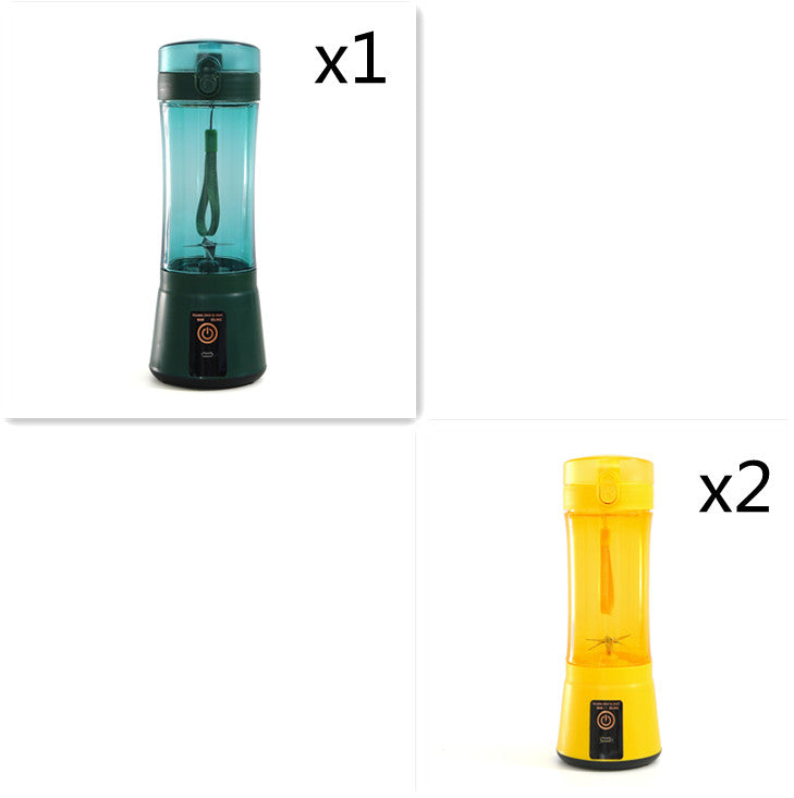 Portable electric fruit juicer blender set: teal and yellow mini mixers with bases.