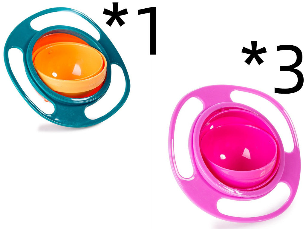 Teal rotating spill-proof bowl dish with orange insert and pink dish with magenta insert.