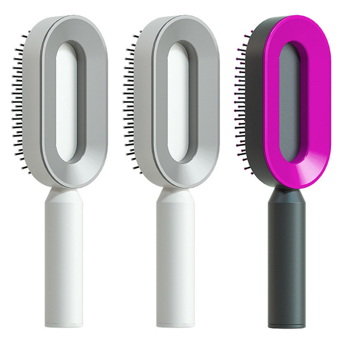 Self-cleaning hair brush set with oval light gray and purple cleaning heads and white/dark handles