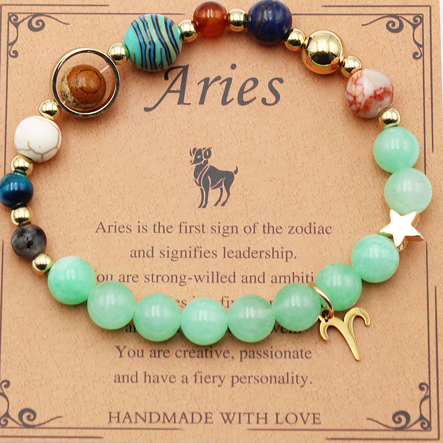 Aries zodiac beaded bracelet with mint green beads, gold star charm, and mixed stones