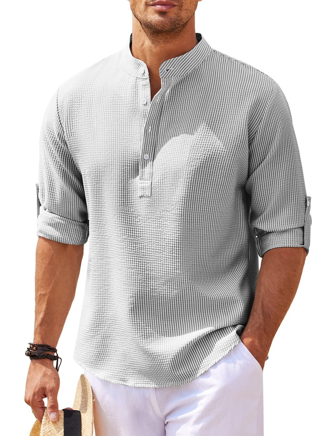 Men's long-sleeve stand-collar shirt in gray with button placket