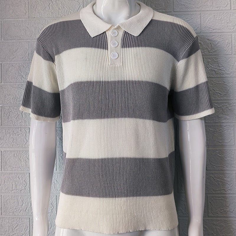 Men's short-sleeve striped polo knit sweater in charcoal, light gray, and cream