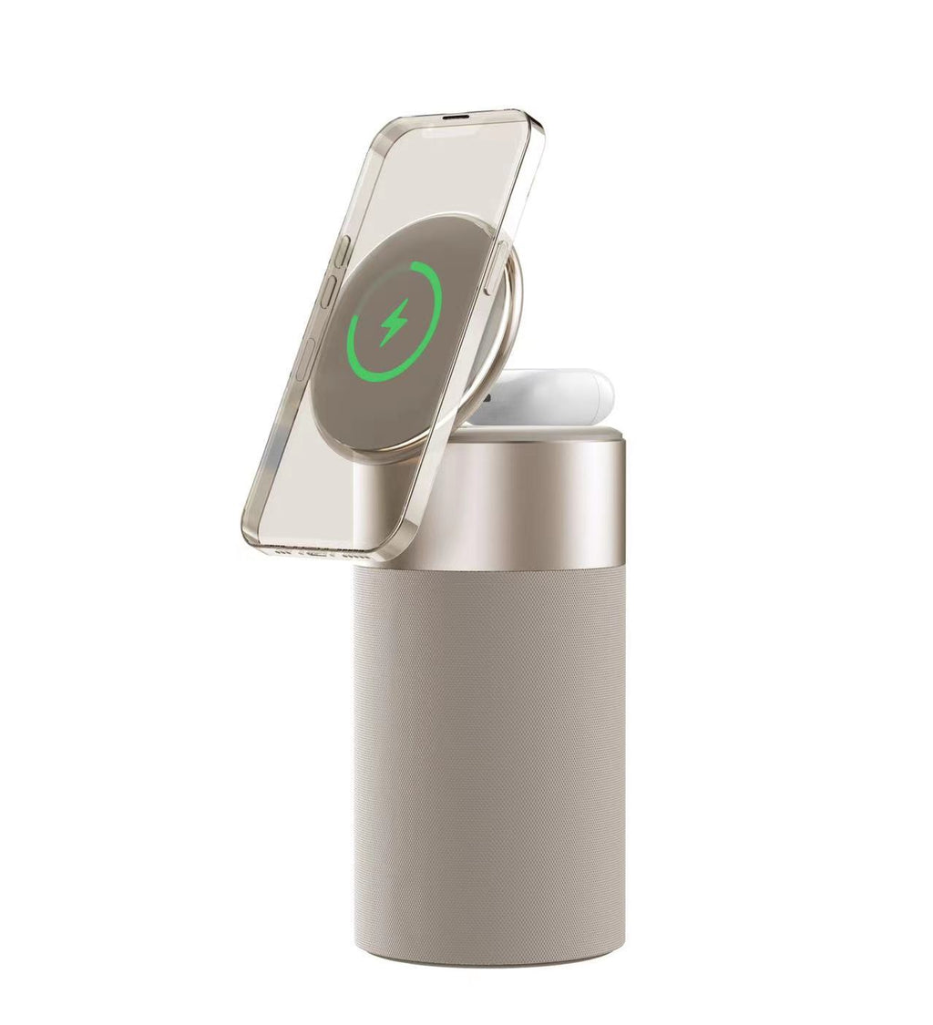 Wireless charging dock with phone stand, wireless pad, and earbuds on light gray base