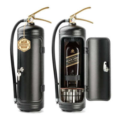 Two fire-extinguisher style wine holders, one open with bottle tray