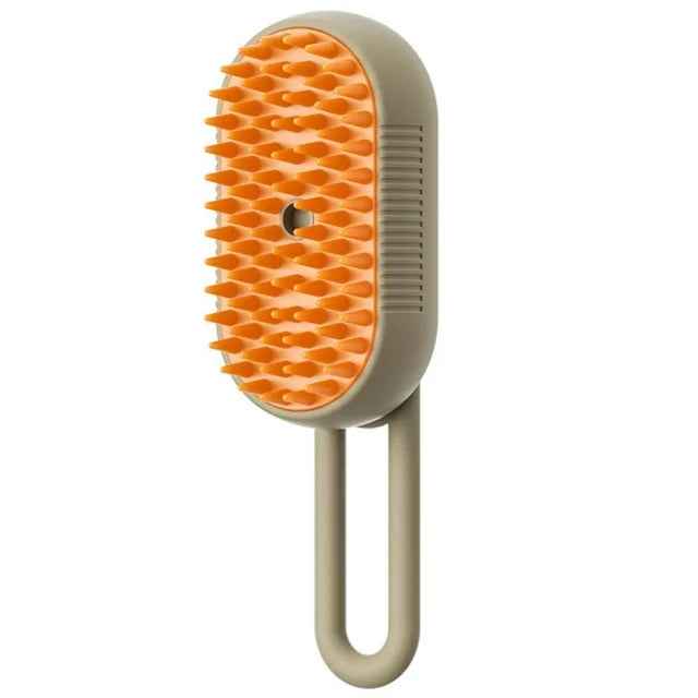 Beige electric pet grooming comb with orange bristle face and upright handle