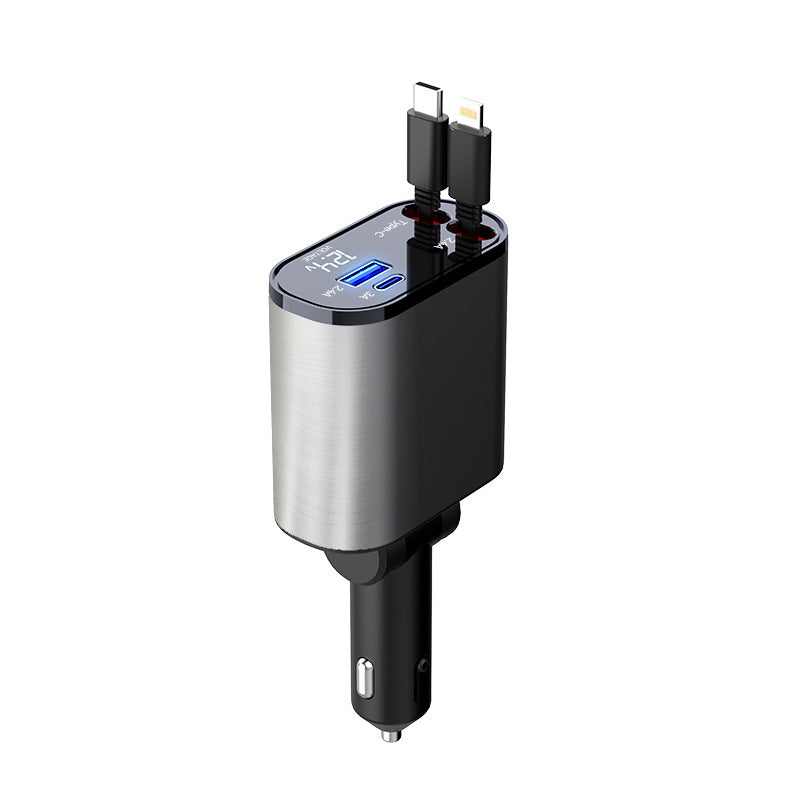 Silver-and-black car charger adapter with two plugs, blue indicator window on top