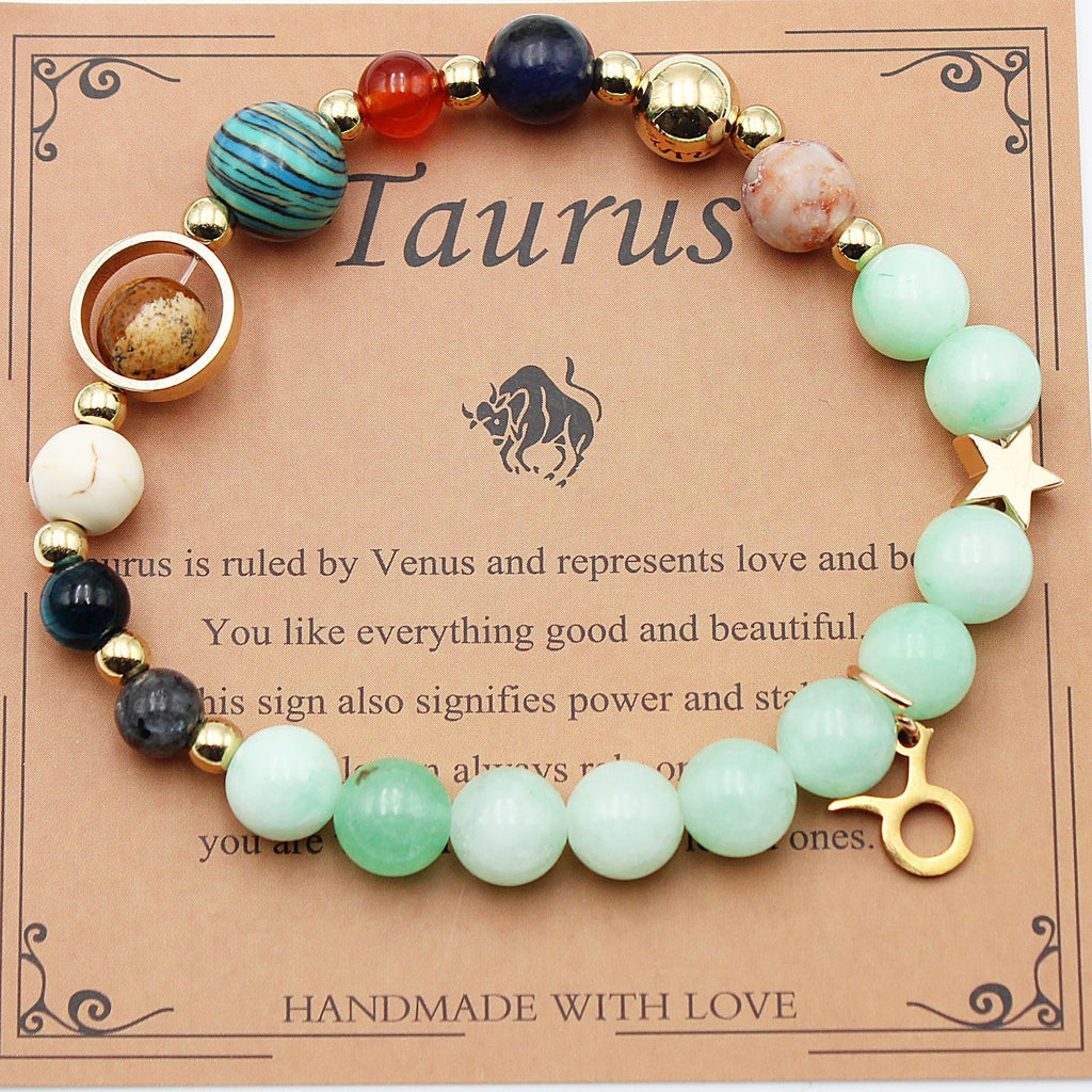 Beaded zodiac bracelet with mint green beads, gold spacers, star charm and gold key charm