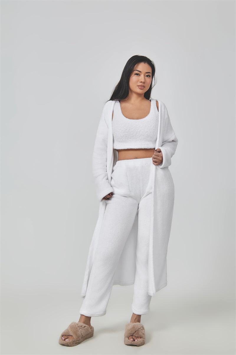 White 3-piece pajama set with long cardigan, cropped top and matching pants