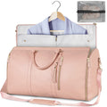 Blush pink travel duffle bag open with shirt on hanger and mesh storage pocket